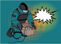 Pop art style comic art and halftone vector.Bomb Disposal Expert comic vector.pop art Man in EOD Suit with balloon.