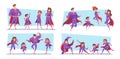 Heroes family. Parents and kids superheroes exact vector cartoon illustrations