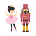 Heroes Nutcracker and Princess Ballerina isolate on white background. Christmas character toy in a childish hand-drawn