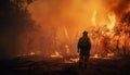 Heroes in protective workwear extinguishing inferno in burning forest generated by AI
