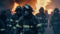 Heroes in protective workwear rescue crowd from dangerous inferno generated by AI