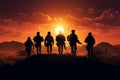 Heroic American soldiers shadows grace a desert sunset, defending freedom