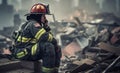 Heroic Effort, A fireman exhausted and sad sitting on collapsed building rubble, Generative AI Royalty Free Stock Photo