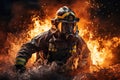 Heroic firefighter works in fire flame and water spray. Generative AI illustration