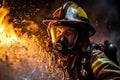 Heroic firefighter works in fire flame and water spray. Generative AI illustration