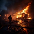 Heroic fireman extinguishes embers in burnt house, water quelling the smoldering aftermath