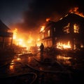 Heroic fireman extinguishes embers in burnt house, water quelling the smoldering aftermath