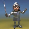 Heroic medieval armoured knight poses with his sword, 3d illustration