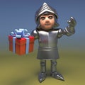 Heroic medieval knight in armour holding a gift wrapped present, 3d illustration