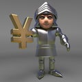 Heroic medieval knight in armour holds a gold Yen currency symbol, 3d illustration