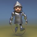 Heroic medieval knight in armour skipping with a skipping rope, 3d illustration