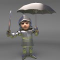 Heroic medieval knight stays dry in his armour with and umbrella, 3d illustration