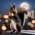 A heroic squirrel with a tiny cape and a mask, standing on a city rooftop with the moon in the background4