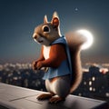 A heroic squirrel with a tiny cape and a mask, standing on a city rooftop with the moon in the background3