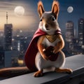 A heroic squirrel with a tiny cape and a mask, standing on a city rooftop with the moon in the background5