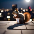 A heroic squirrel with a tiny cape and a mask, standing on a city rooftop with the moon in the background1