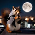 A heroic squirrel with a tiny cape and a mask, standing on a city rooftop with the moon in the background2