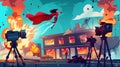 The heroic superhero in red cape is flying towards a burning building on city street. A burning house is depicted, as Royalty Free Stock Photo