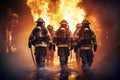 Heroic team of professional firefighters on the background of a wall of fire. Generative AI illustration Royalty Free Stock Photo