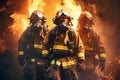 Heroic team of professional firefighters on the background of a wall of fire. Generative AI illustration Royalty Free Stock Photo