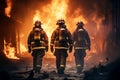Heroic team of professional firefighters on the background of a wall of fire. Generative AI illustration Royalty Free Stock Photo