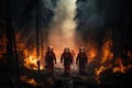 Heroic team of professional firefighters work in a blazing forest. Generative AI illustration