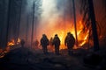 Heroic team of professional firefighters work in a blazing forest. Generative AI illustration