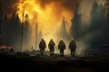 Heroic team of professional firefighters work in a blazing forest. Generative AI illustration