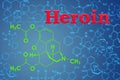 Heroin, diamorphine. Chemical formula, molecular structure. 3D r