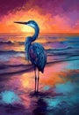 Heron on the beach, sunset art