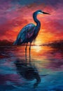 Heron on the beach, sunset art