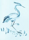 Heron bird on blue colored paper