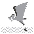 Heron with fish in its beak, vector illustration,flat style