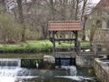 Heron fishing at a scenic rural weir Royalty Free Stock Photo