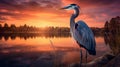 Realistic Hyper-detailed Heron Staring At Water At Sunset Royalty Free Stock Photo