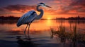 Realistic Blue Heron At Sunset: Hyper-realistic Animal Illustration