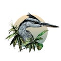 Heron head looks away composition in a circle decorated with bushes with wide leaves and a flower