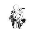 Heron with irises and sun