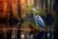 Heron on a log in the swamp at sunrise. This is a 3d render illustration, A Great Blue Heron is captured in Everglades National