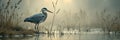 Heron at misty wetland dawn Royalty Free Stock Photo