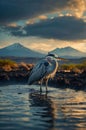 Majestic Great Blue Heron at Golden Hour near Volcano Royalty Free Stock Photo