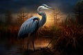 Heron in the swamp at sunset. 3D render. Wildlife scene, A Great Blue Heron is captured in Everglades National Park, Florida, USA