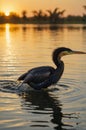 African Darter Swimming in Serene Lake at Sunset with Reflection Royalty Free Stock Photo