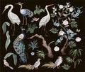 Herons, peacock, peonies and bird in chinoiserie style isolated. Vector. Royalty Free Stock Photo