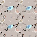 Herons in pond catch fish for food seamless pattern