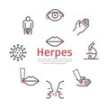 Herpes banner. Symptoms, Treatment. Line icons set. Vector signs for web graphics.