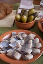 Herring, bread, pickles and bacon with plates on a green napkin Royalty Free Stock Photo