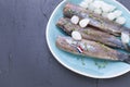Herring fillets with onions on a blue plate, a traditional Dutch delicacy. Delicious seafood meal. Copy space. flat lay. Royalty Free Stock Photo