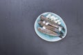 Herring fillets with onions on a blue plate, a traditional Dutch delicacy. Delicious seafood meal. Copy space. flat lay Royalty Free Stock Photo