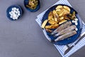 Herring fillets on a plate, baked in the oven potatoes and pickled cucumbers and onions. Delicious traditional food of Holland. Royalty Free Stock Photo